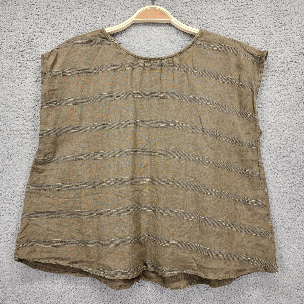 By Together Womens‎ Small Olive Green 100% Linen Striped Babydoll Top